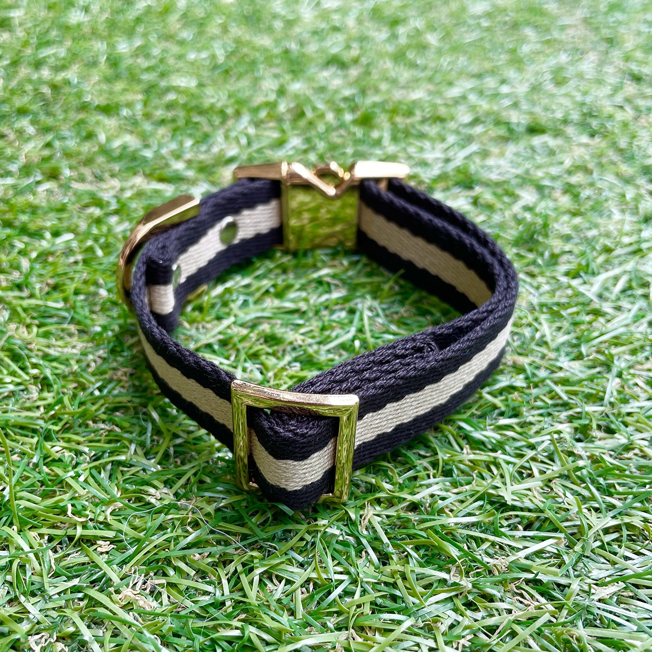 【小型~中型犬用20mm】HOSU ストライプドッグカラー/ブラック×アイボリー