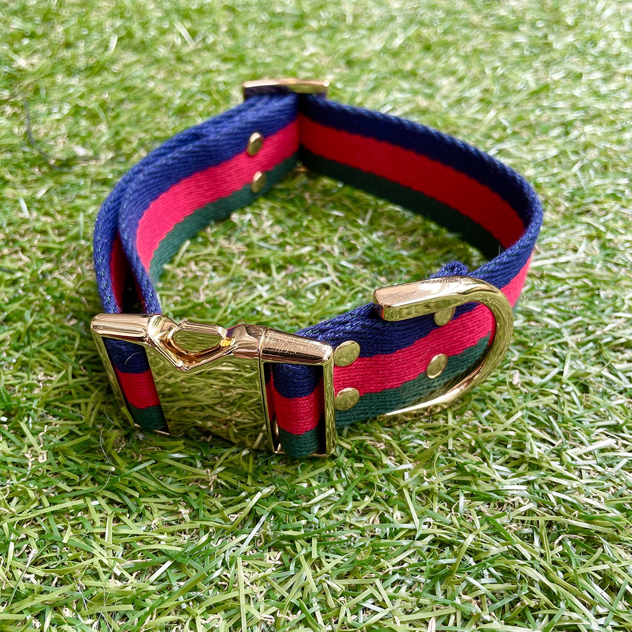【中型~大型犬用30mm】HOSU ストライプドッグカラー/レッド×グリーン