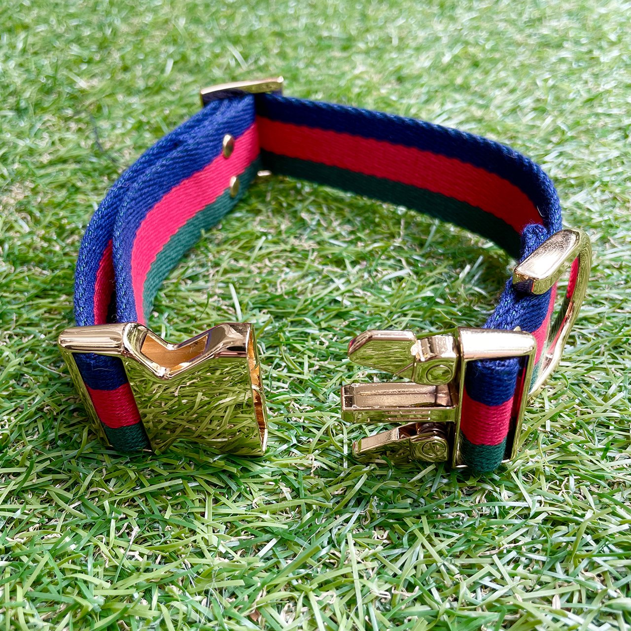 【中型~大型犬用30mm】HOSU ストライプドッグカラー/レッド×グリーン