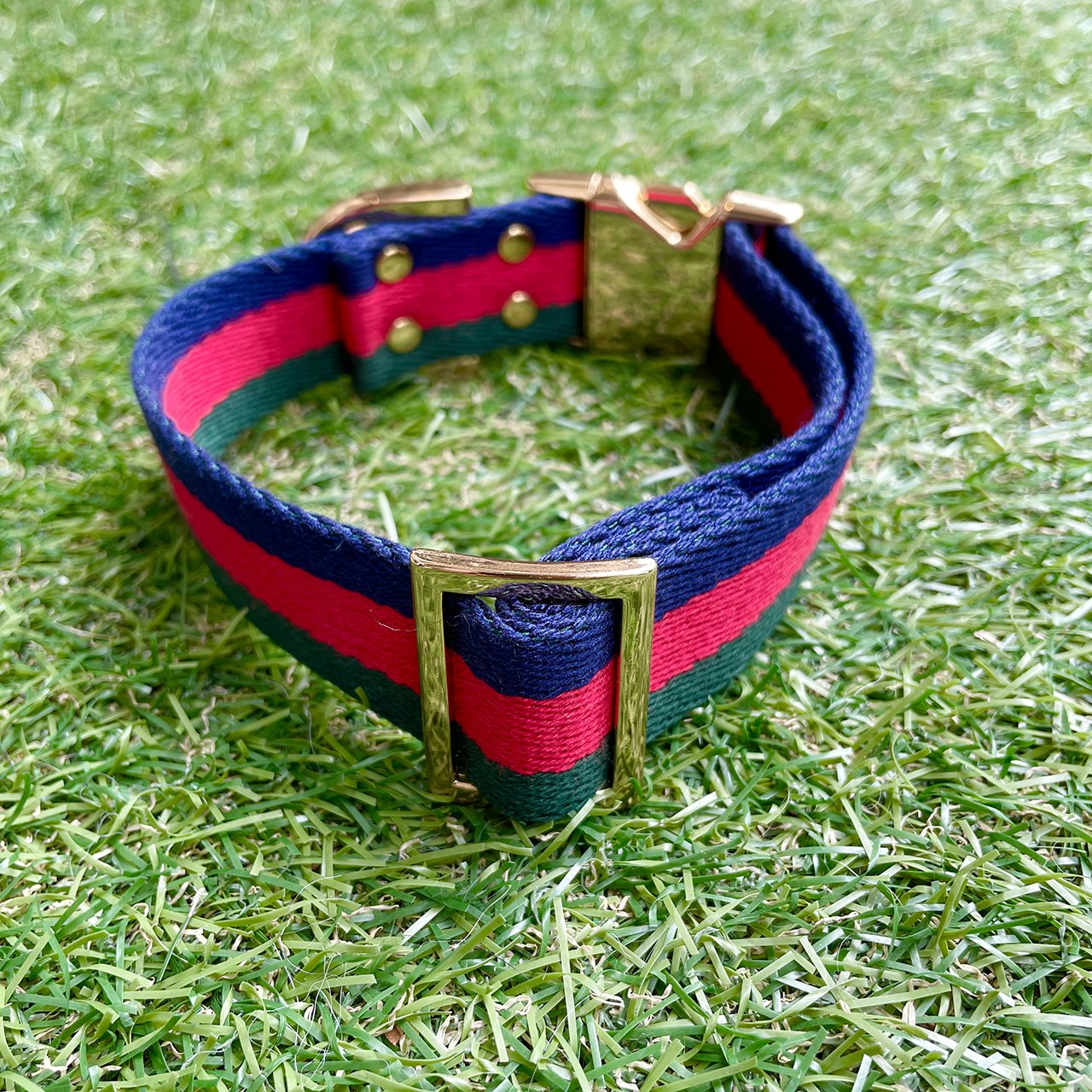 【中型~大型犬用30mm】HOSU ストライプドッグカラー/レッド×グリーン