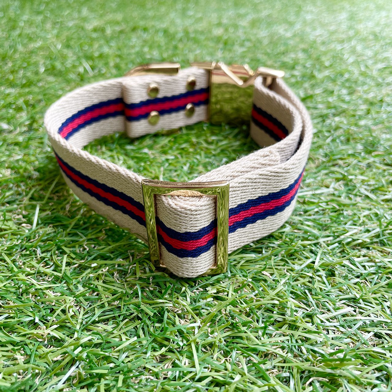【中型~大型犬用30mm】HOSU ストライプドッグカラー/アイボリー×レッド
