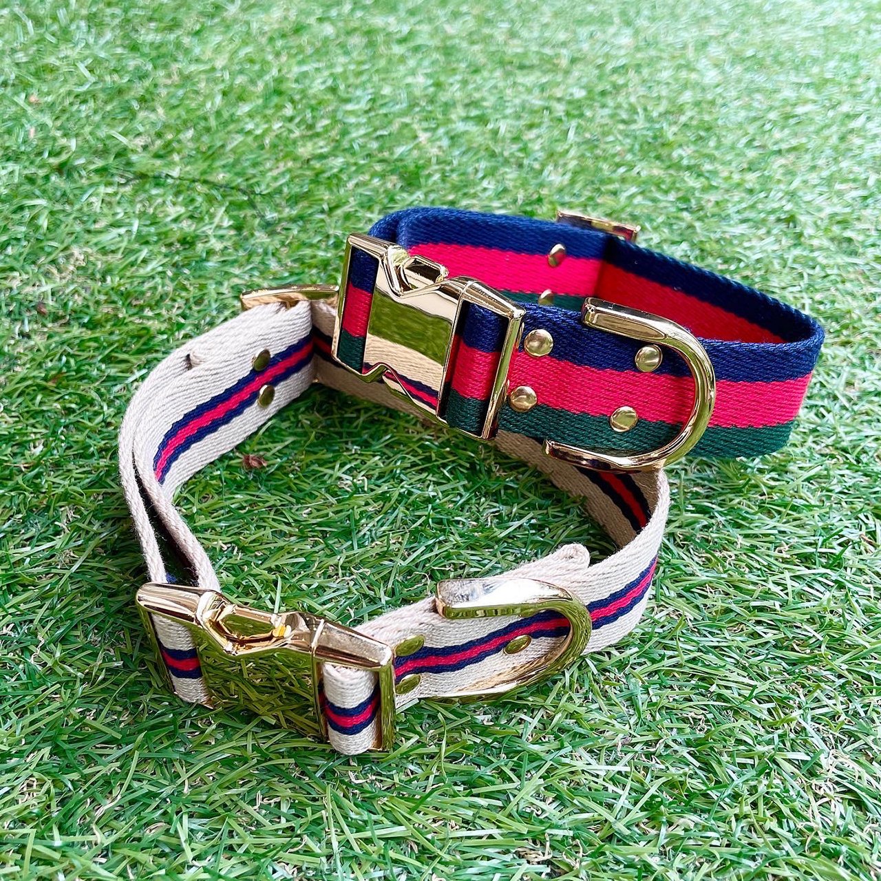 【中型~大型犬用30mm】HOSU ストライプドッグカラー/アイボリー×レッド