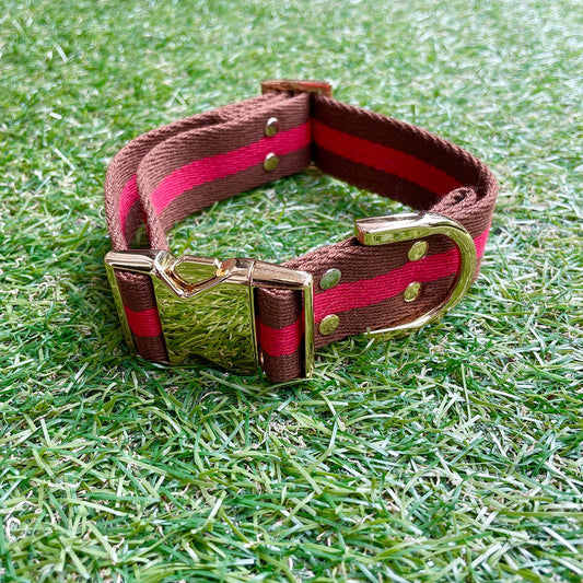 【中型~大型犬用30mm】HOSU ストライプドッグカラー/レッド×ブラウン