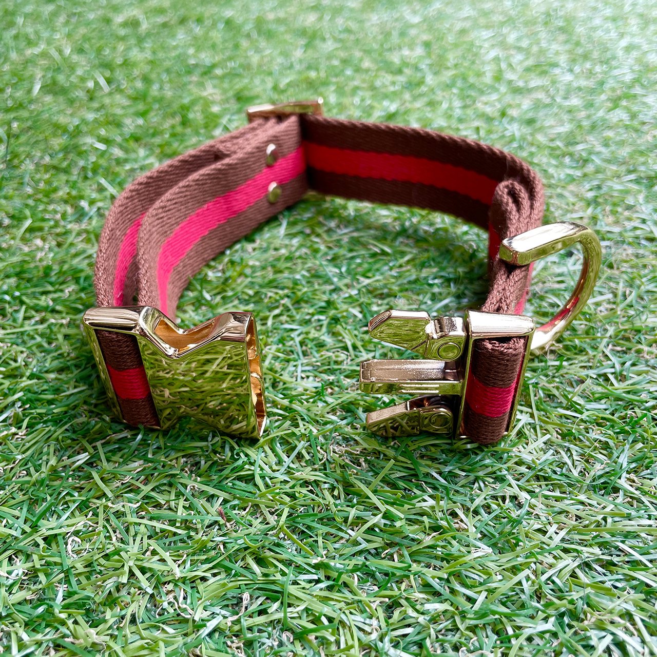 【中型~大型犬用30mm】HOSU ストライプドッグカラー/レッド×ブラウン