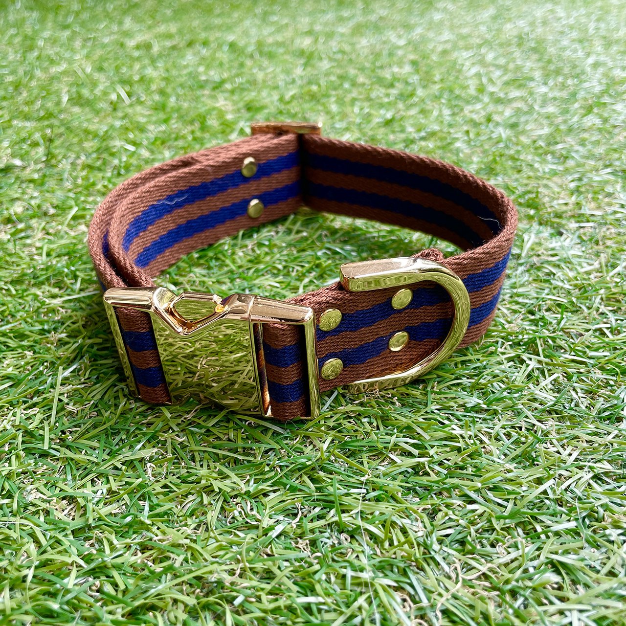 【中型~大型犬用30mm】HOSU ストライプドッグカラー/ブラウン×ネイビー