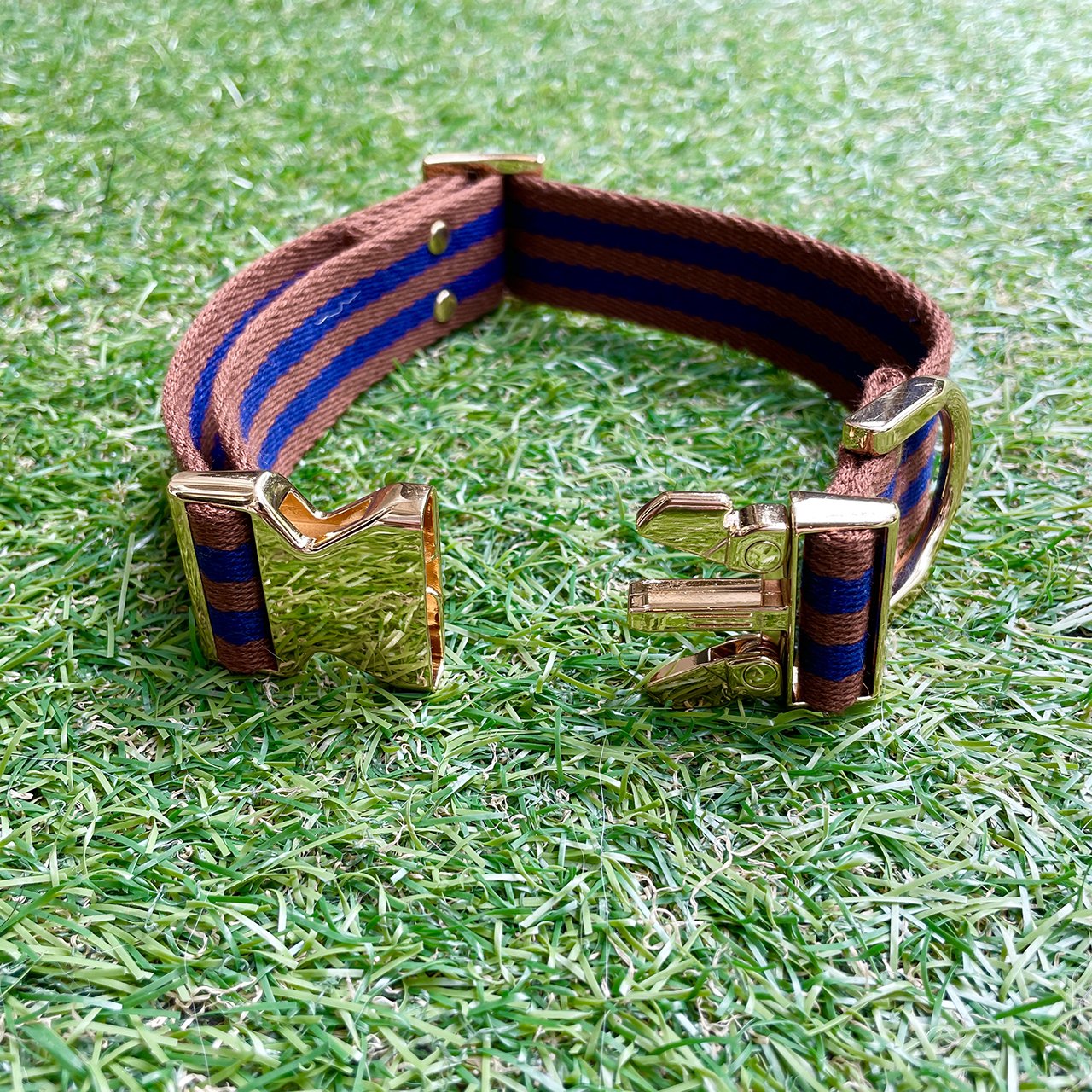 【中型~大型犬用30mm】HOSU ストライプドッグカラー/ブラウン×ネイビー