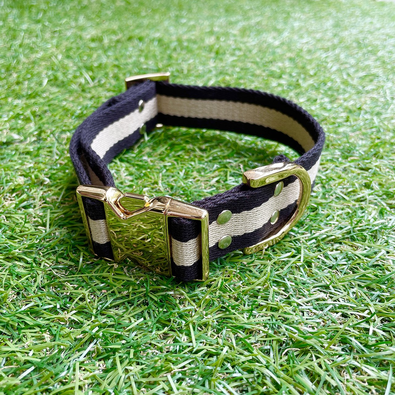 【中型~大型犬用30mm】HOSU ストライプドッグカラー/ブラック×アイボリー